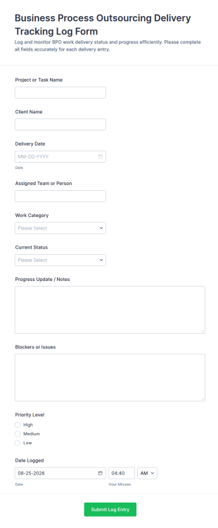 Business Process Outsourcing Delivery Tracking Log Form Template