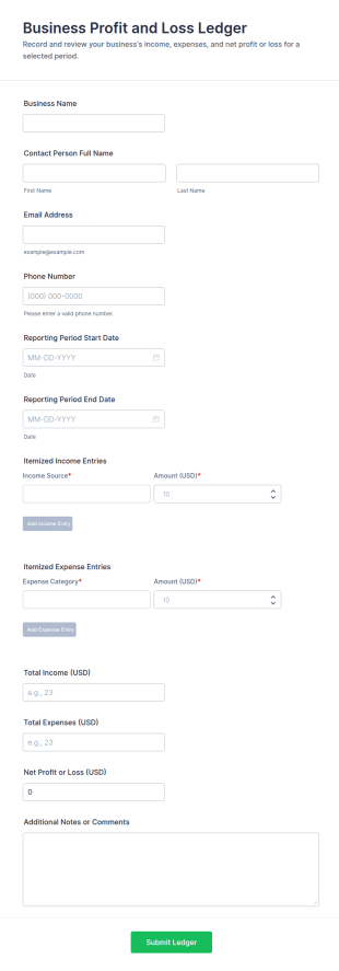Business Profit And Loss Ledger Form Template