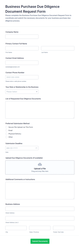 Business Purchase Due Diligence Document Request Form Template