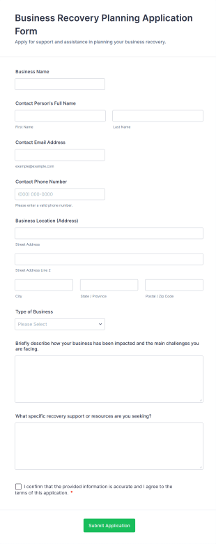 Business Recovery Planning Application Form Form Template