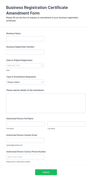 Business Registration Certificate Amendment Form Template