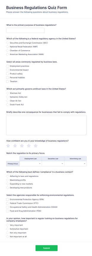Business Regulations Quiz Form Template