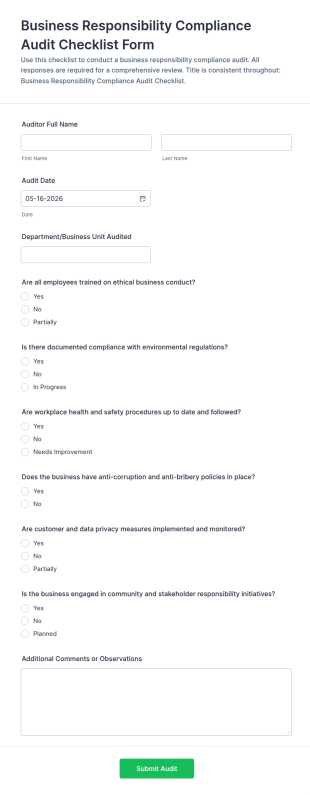 Business Responsibility Compliance Audit Checklist Form Template