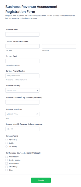 Business Revenue Assessment Registration Form Template