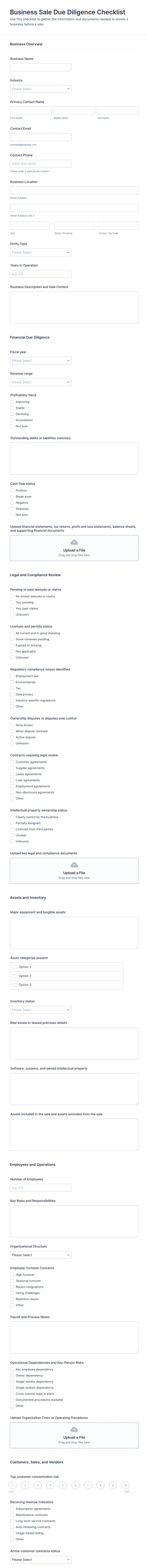 Business Sale Due Diligence Checklist Form Template