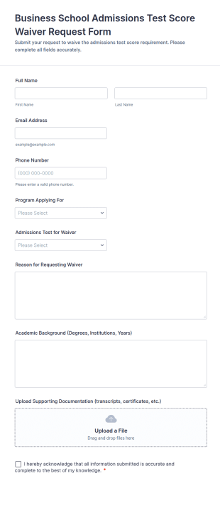 Business School Admissions Test Score Waiver Request Form Template