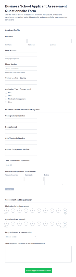 Business School Applicant Assessment Form Template