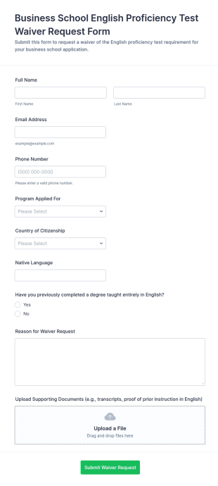 Business School English Proficiency Test Waiver Request Form Template