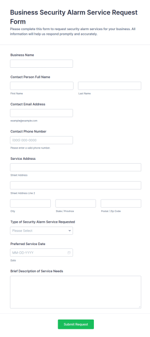 Business Security Alarm Service Request Form Template