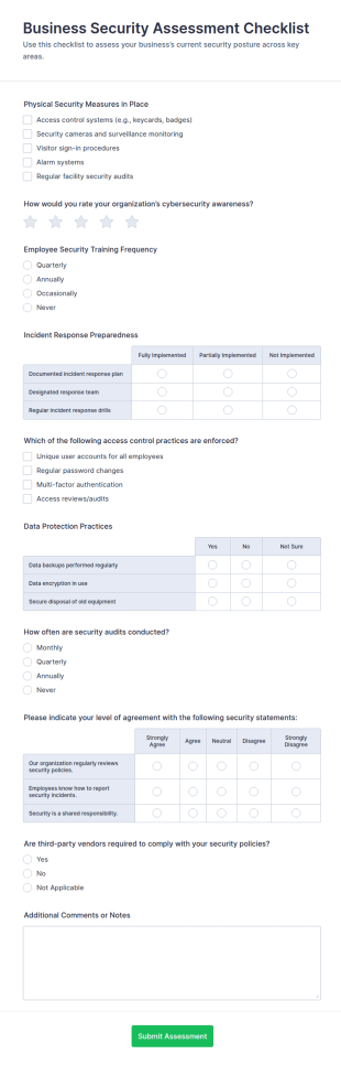 Business Security Assessment Checklist Form Template