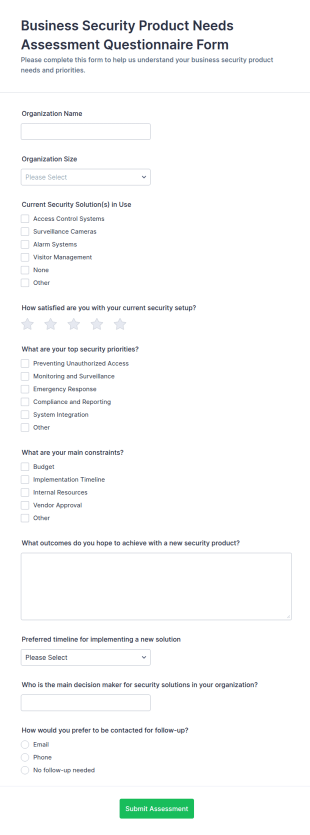 Business Security Product Needs Assessment Questionnaire Form Template