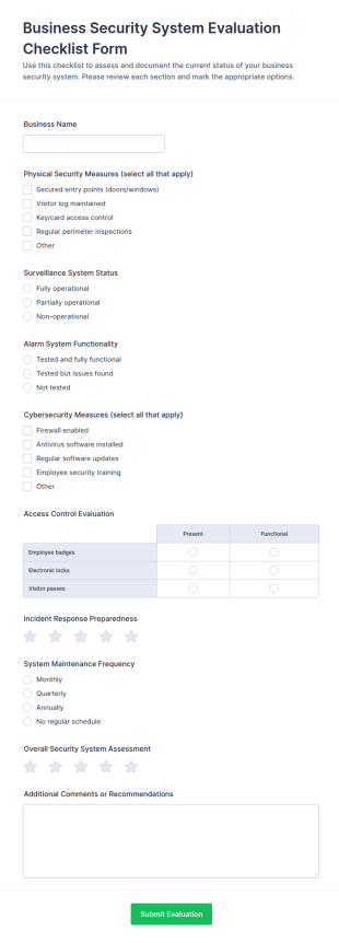 Business Security System Evaluation Checklist Form Template
