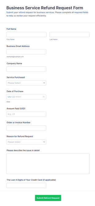 Business Service Refund Request Form Template