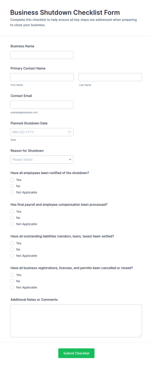 Business Shutdown Checklist Form Template
