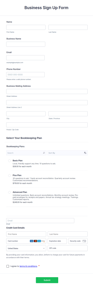 Business Sign Up Form Template