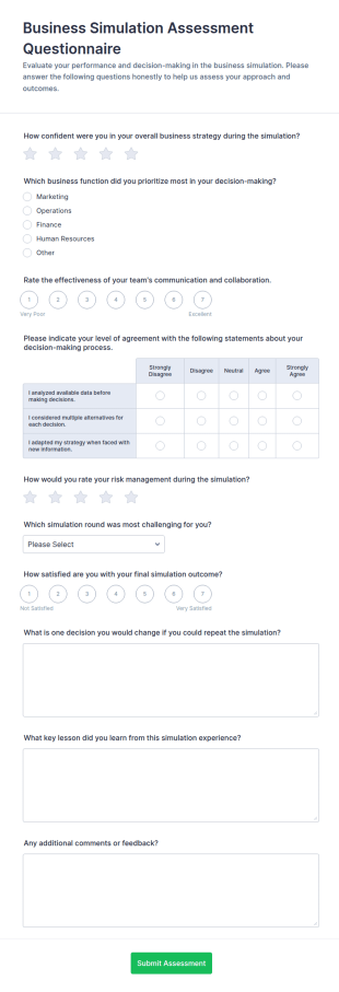 Business Simulation Assessment Questionnaire Form Template