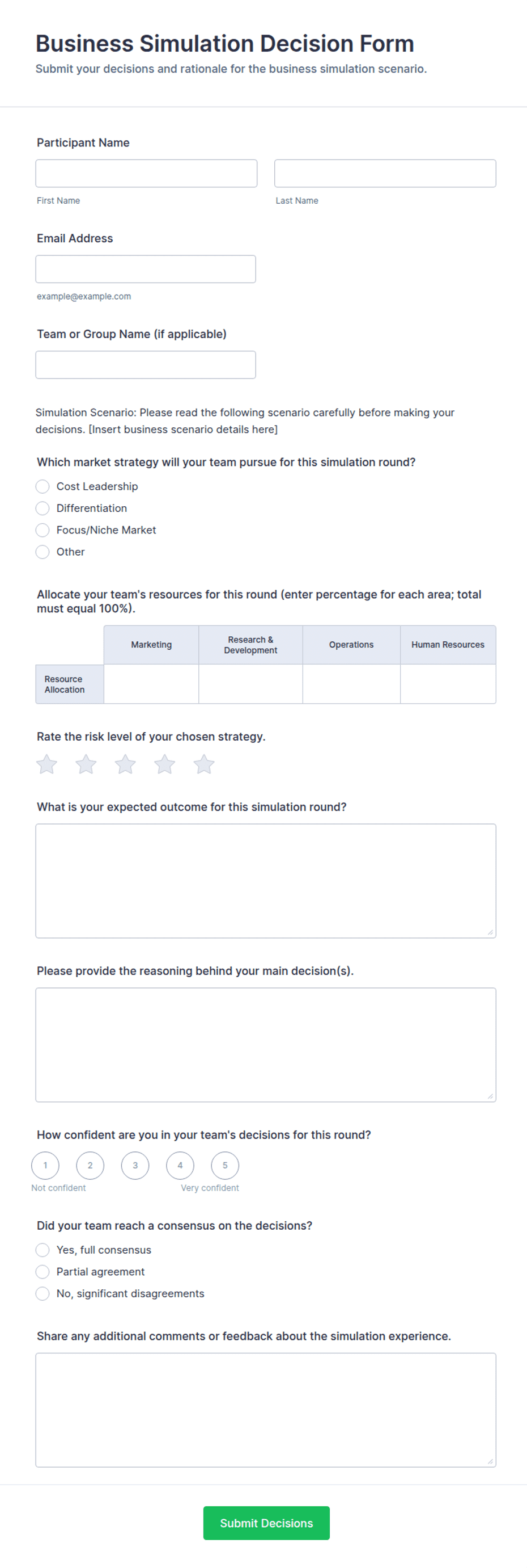 Business Simulation Decision Form Template | Jotform