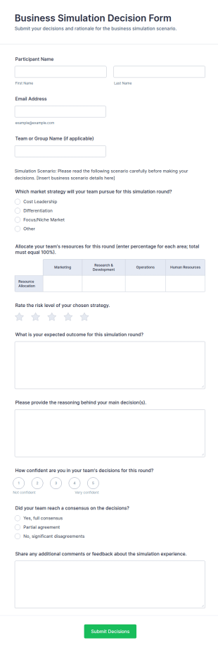 Business Simulation Decision Form Template