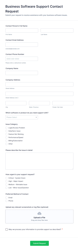 Business Software Support Contact Request Form Template