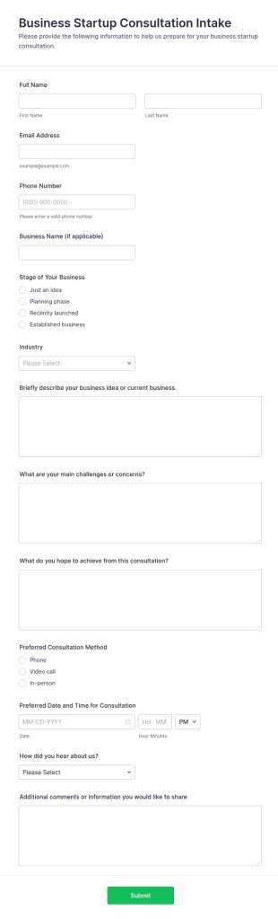 Business Startup Consultation Intake Form Template