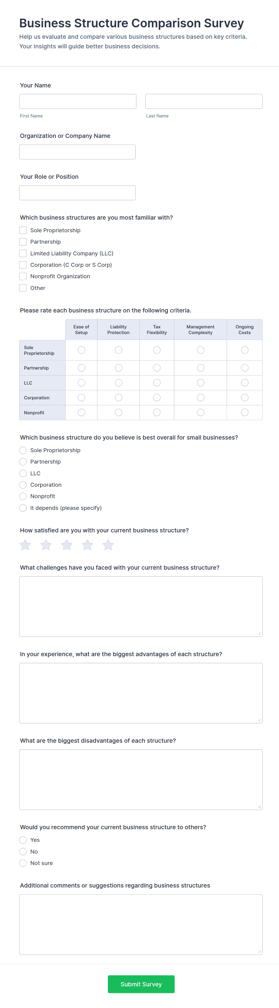 Business Structure Comparison Survey Form Template | Jotform