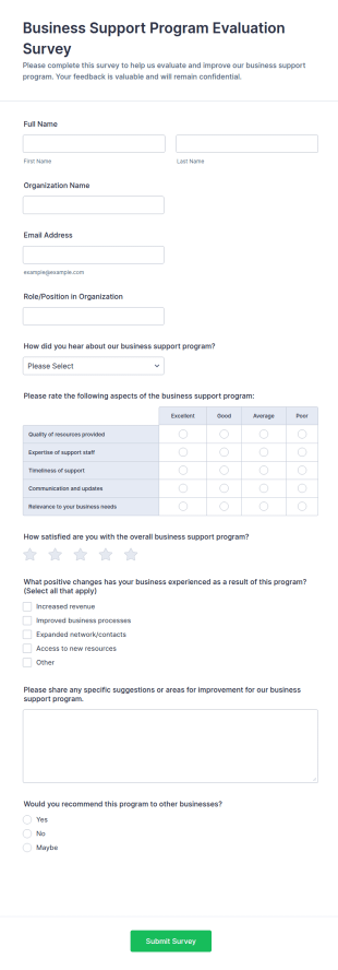 Business Support Program Evaluation Survey Form Template