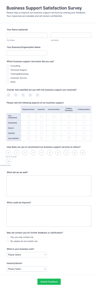 Business Support Satisfaction Survey Form Template