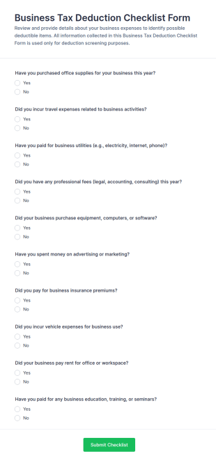 Business Tax Deduction Checklist Form Template