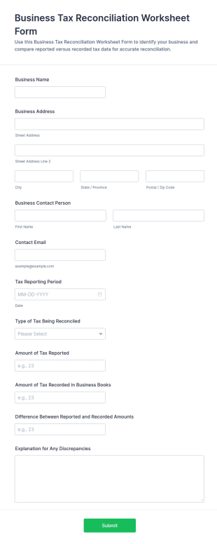 Business Tax Reconciliation Worksheet Form Template