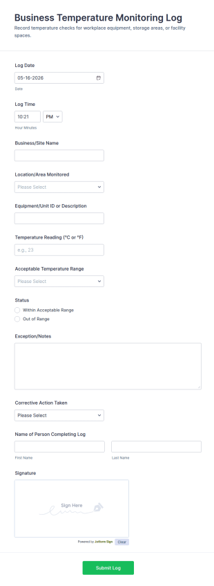 Business Temperature Monitoring Log Form Template