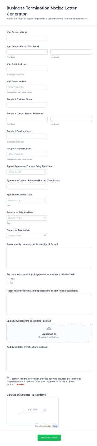 Business Termination Notice Letter Generator Form Template