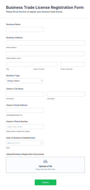 Business Trade License Registration Form Template