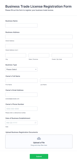 Business Trade License Registration Form Template