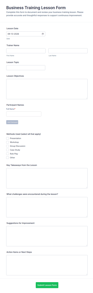 Business Training Lesson Form Template