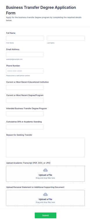Business Transfer Degree Application Form Template