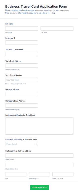 Business Travel Card Application Form Template