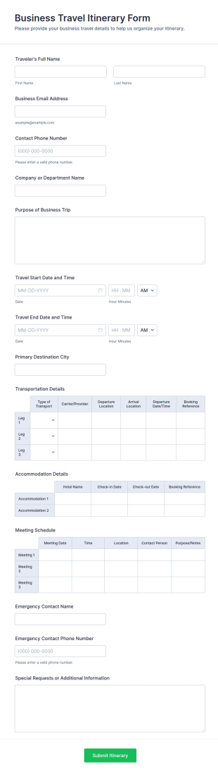 Business Travel Itinerary Form Template