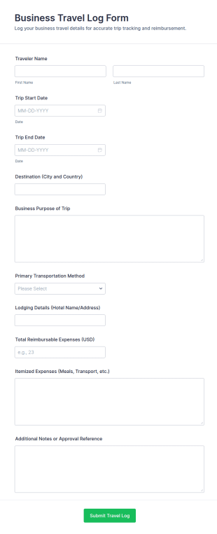 Business Travel Log Form Template