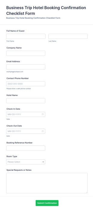 Business Trip Hotel Booking Confirmation Checklist Form Template