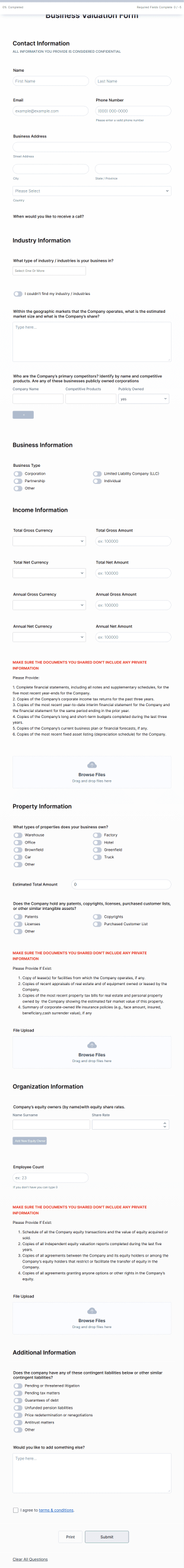Business Valuation Form Template