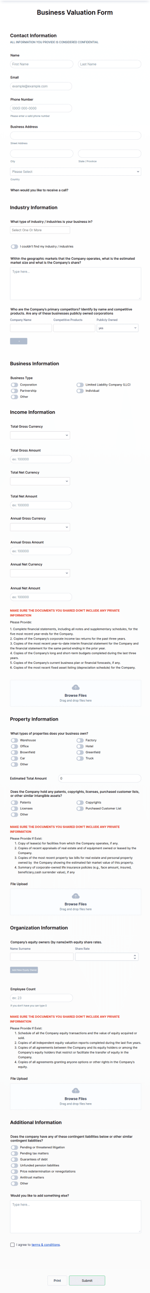 Business Valuation Form Template