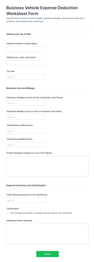Business Vehicle Expense Deduction Worksheet Form Template
