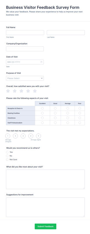 Business Visitor Feedback Survey Form Template