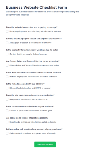 Business Website Checklist Form Template