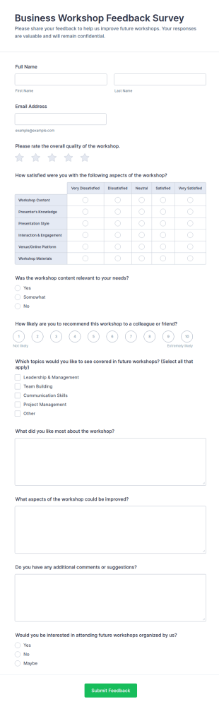 Business Workshop Feedback Survey Form Template