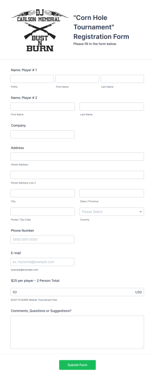 Corn Hole Tournament Registration Form Template