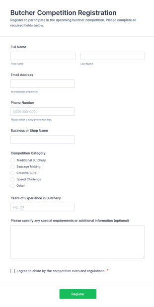 Butcher Competition Registration Form Template