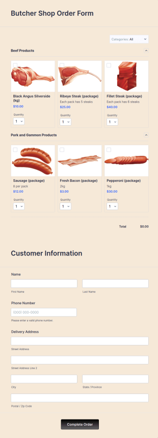 Butcher Shop Order Form Template