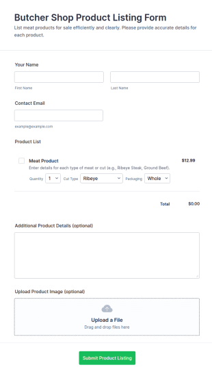 Butcher Shop Product Listing Form Template