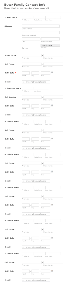 Buter Family Contact Info Form Template